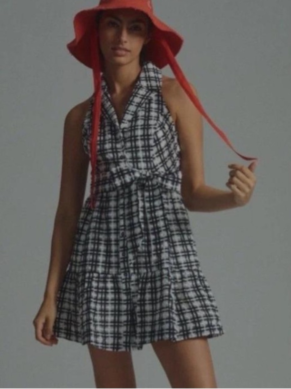 Anthropologie Maeve Sleeveless Navy & White Plaid Tie-Waist Mini Dress